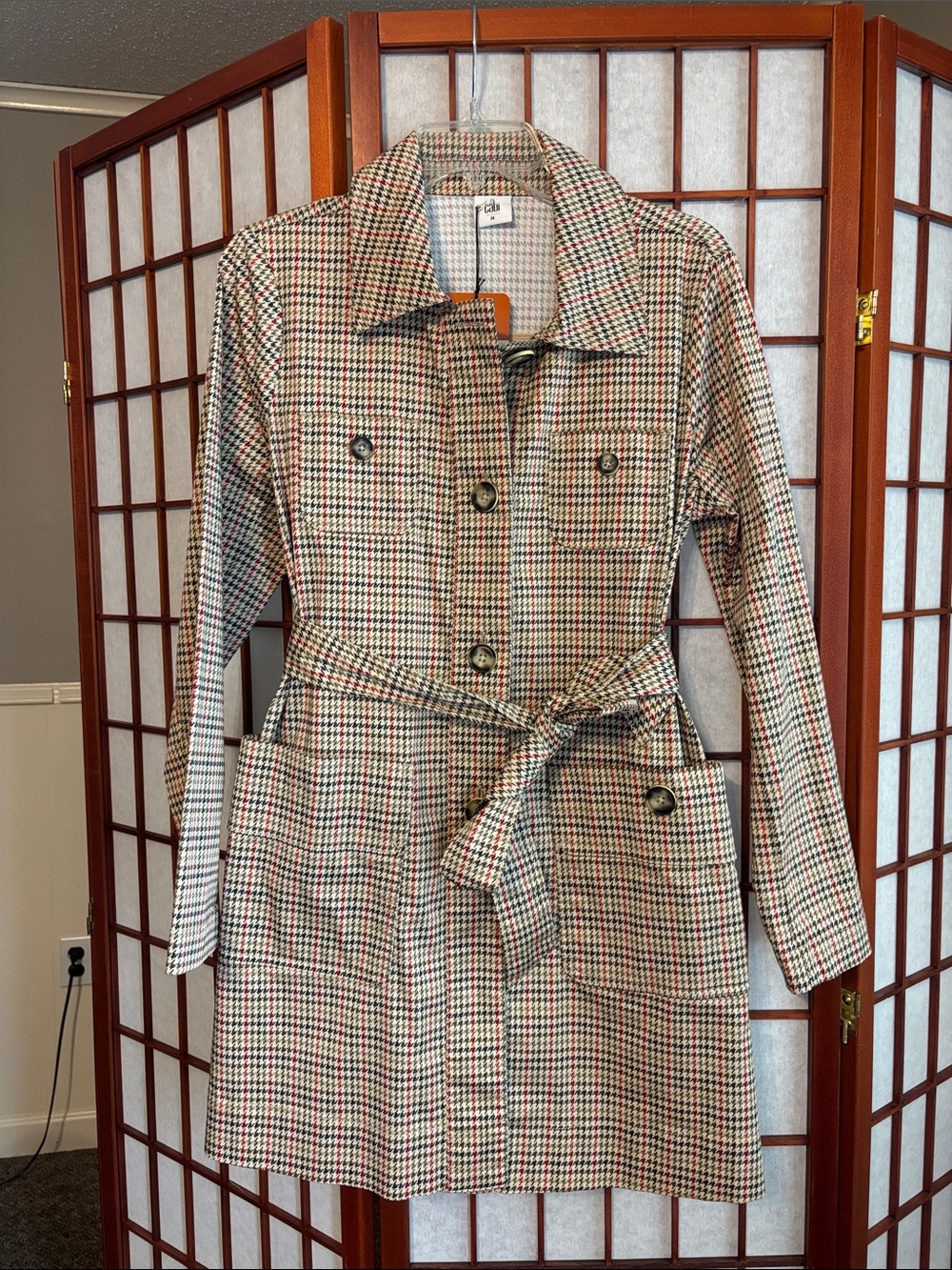 CAbi Sherlock Jacket Multi-Color Houndstooth Tie-Waist Trench Coat